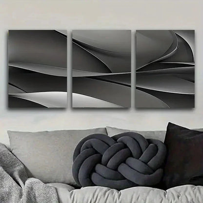 3pcs Black and Silvery Waves Wall Art Set Canvas Framed 50x70cm - High Quality Print 100% Australian Made Wall Canvas Ready to Hang - Bella Home Decor