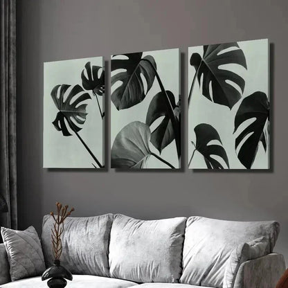 3pcs Black & White Botanical Monstera Leaf Wall Art Set Canvas Framed 40x60cm - High Quality Print 100% Australian Made Wall Canvas Ready to Hang