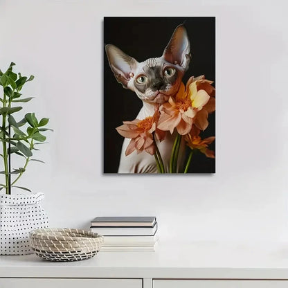 Cute Sphynx Kitten with Vibrant Flowers Painting 40x60cm Metal Print Ready to Hang - Bella Home Decor