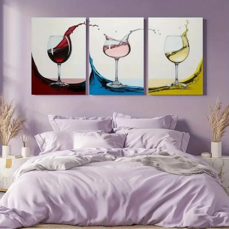 3pcs Modern Wine Glass Vibrant Pouring  Wall Art Set Canvas Framed 60x90cm - High Quality Print 100% Australian Made Wall Canvas Ready to Hang