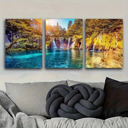 3pcs Sunlit Forest Waterfall Wall Art Set Canvas Framed 50x70cm - High Quality Print 100% Australian Made Wall Canvas Ready to Hang