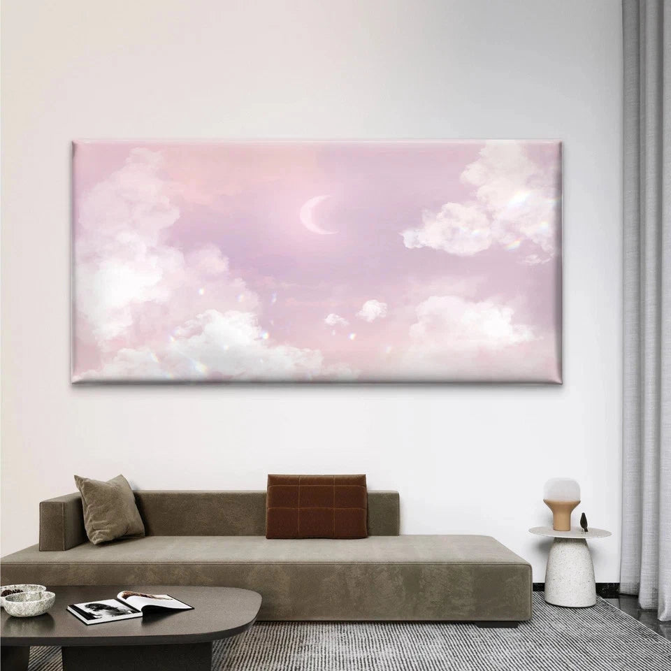 Pink Sky With Crescent Moon Wall Art Canvas Office Home Room Framed 120x60cm