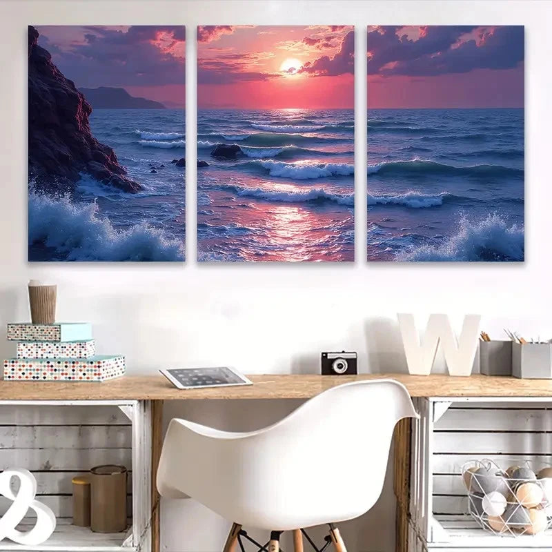 3pcs Sunset Beach Scene with Ocean Waves Wall Art Set Canvas Framed 40x60cm - High Quality Print 100% Australian Made Wall Canvas Ready to Hang