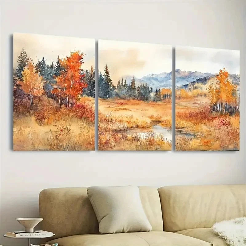 3pcs Fall Forest River Scene with Maple Trees Wall Art Set Canvas Framed 40x60cm - High Quality Print 100% Australian Made Wall Canvas Ready to Hang