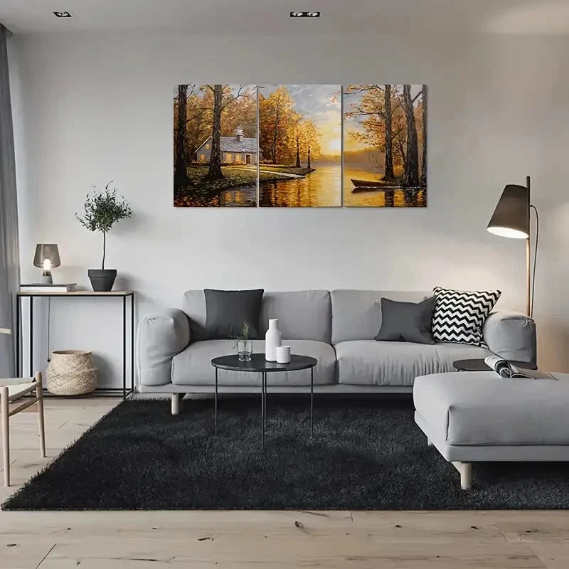 3pcs Autumn Serenity Lake with Boat Metal Print Ready to Hang Art - Bella Home Decor