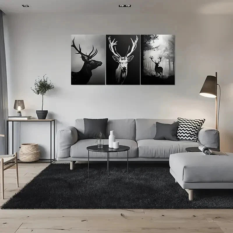 3pcs Black and White Deer Forest Animal Metal Print Ready to Hang Art - Bella Home Decor