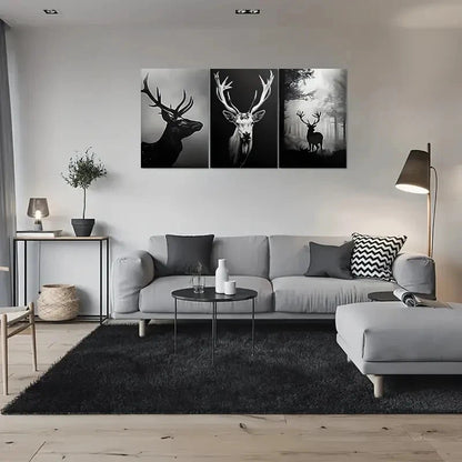 3pcs Black and White Deer Forest Animal Metal Print Ready to Hang Art - Bella Home Decor