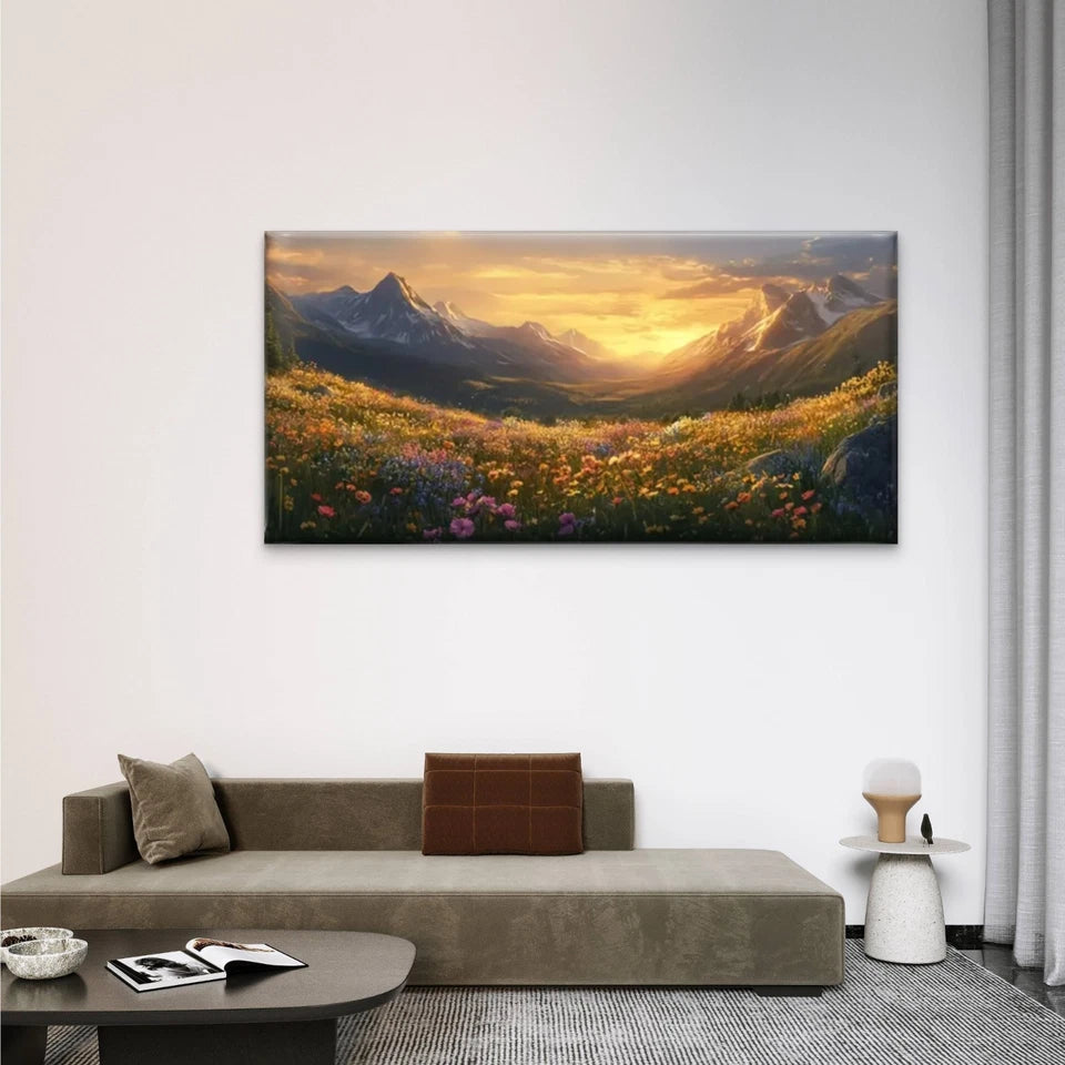 Flowers And Mountains Sunset Wall Art Canvas Office Home Room Framed 120x60cm