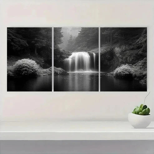 3pcs Black and White Waterfall Serene Forest Wall Art Canvas Unframed - High Quality Print 100% Australian Made Wall Canvas - Bella Home Decor