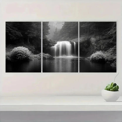 3pcs Black and White Waterfall Serene Forest Wall Art Canvas Unframed - High Quality Print 100% Australian Made Wall Canvas - Bella Home Decor