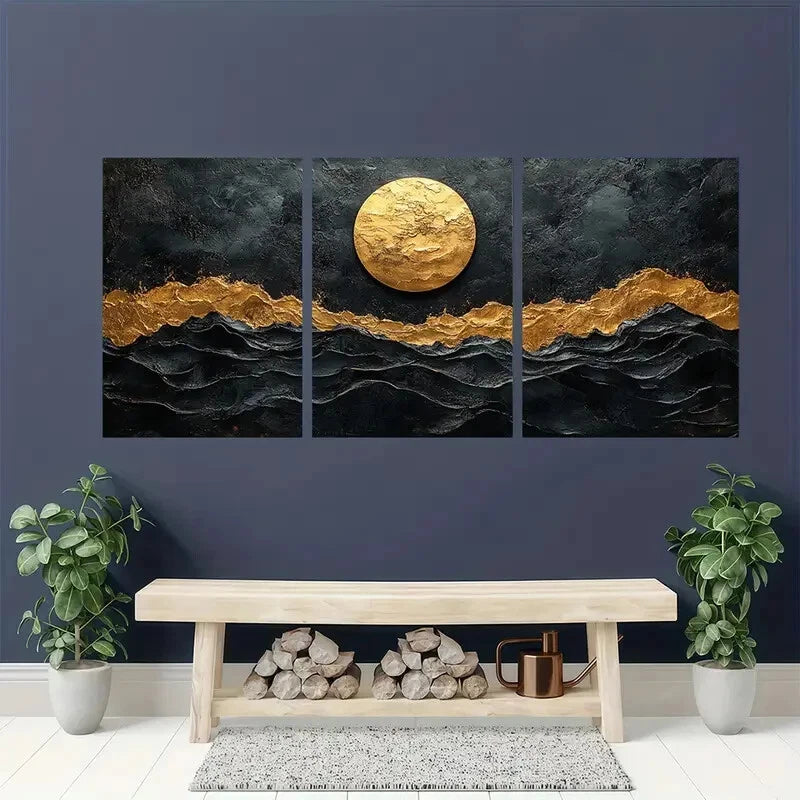 3pcs Abstract Texture Black & Golden Wave Metal Print Ready to Hang Art