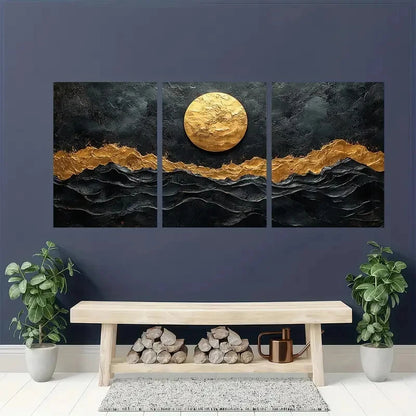 3pcs Abstract Texture Black & Golden Wave Metal Print Ready to Hang Art