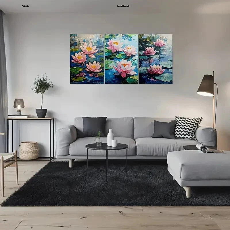 3pcs Pink Lotus Flower Green Leaves Metal Print Ready to Hang Art