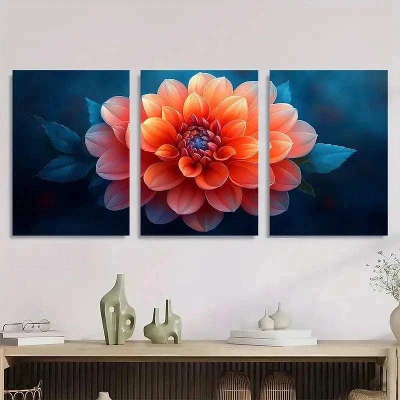 3pcs Dahlia Flower Orange Red Blooms Perfect Wall Art Set Canvas Framed 40x60cm - High Quality Print 100% Australian Made Wall Canvas Ready to Hang - Bella Home Decor
