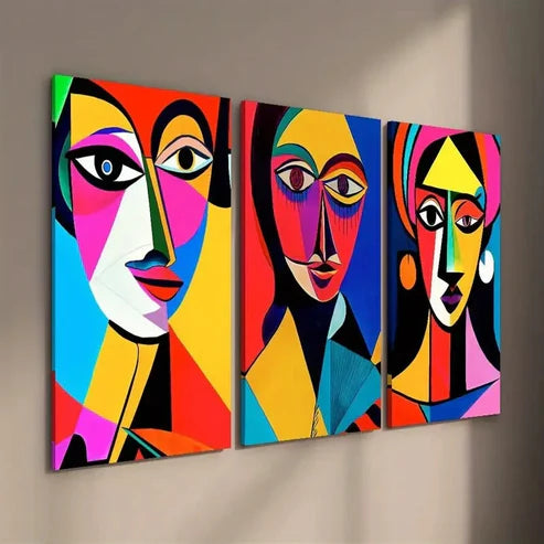 3pcs Vibrant Abstract Geometric Female Faces Wall Art Set Canvas Unframed - High Quality Print 100% Australian Made Wall Canvas