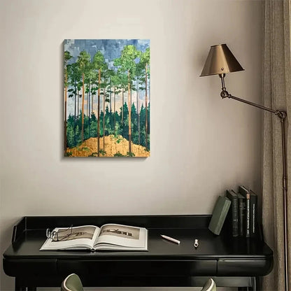 Trees & Sunlit Canopy Forest Painting 40x60cm Metal Print Ready to Hang - Bella Home Decor