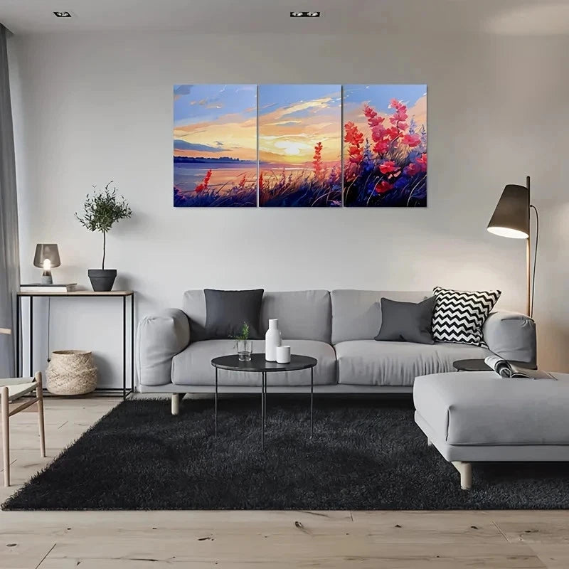3pcs Sunset Lake with Wildflowers Metal Print Ready to Hang Art