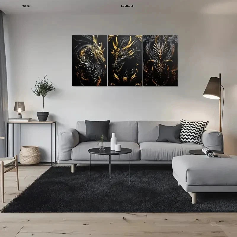 3pcs Golden Dragon Black and Golden Fantasy Metal Print Ready to Hang Art - Bella Home Decor