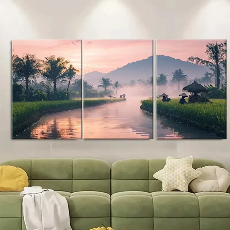 3pcs Vietnamese Countryside at Dawn Metal Print Ready to Hang Art