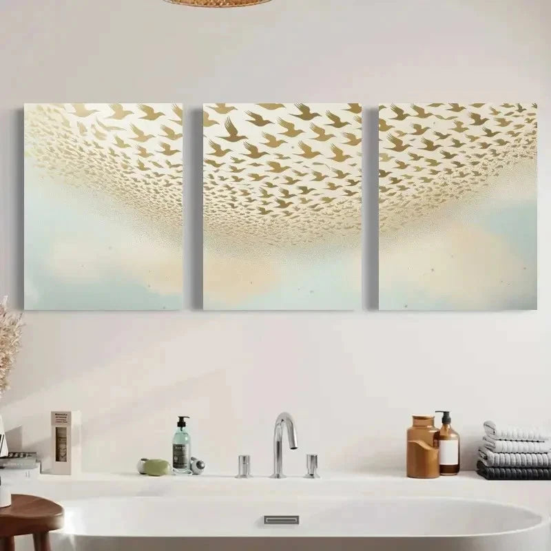 3pcs Golden & White Flock Versatile Animal  Wall Art Set Canvas Framed 50x70cm - High Quality Print 100% Australian Made Wall Canvas Ready to Hang - Bella Home Decor