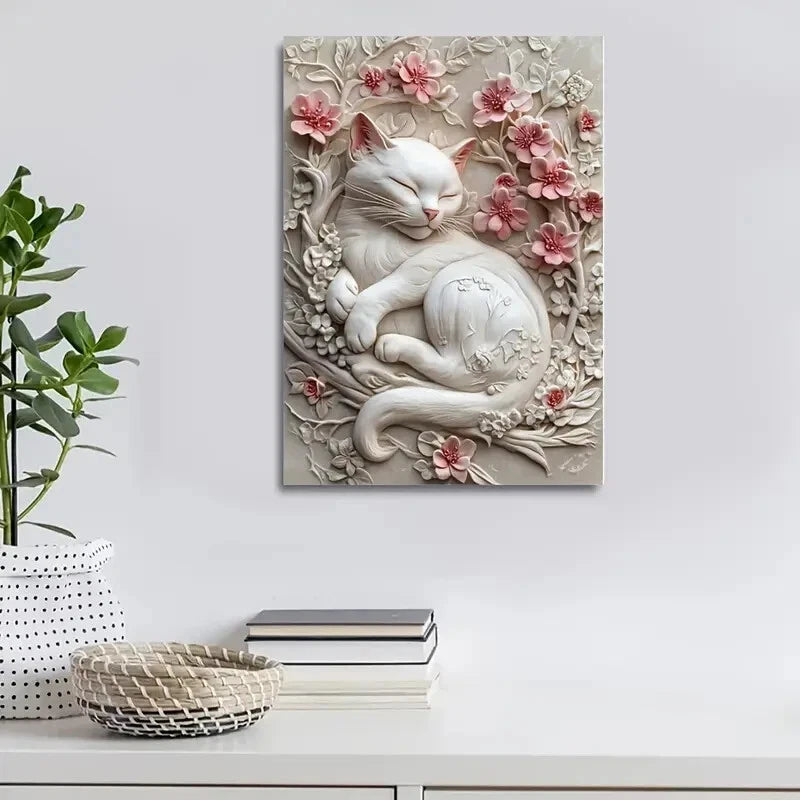 Beautiful Chill Like a Cat Heart Blossoms Painting 40x60cm Metal Print Ready to Hang - Bella Home Decor