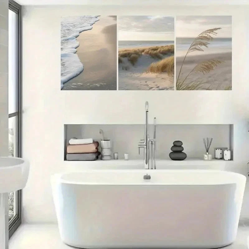 3pcs Serene Ocean & Sandy Dunes Scenery Metal Print Ready to Hang Art