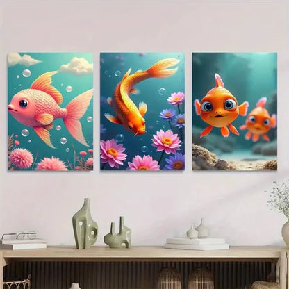 3pcs Underwater Scene with Pink Fish Orange Koi Wall Art Set Canvas Unframed - High Quality Print 100% Australian Made Wall Canvas