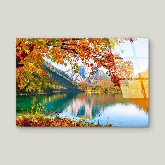 Autumn Alpine Lake Mountain Landscape Acrylic Glass Printing Wall Art Australian Made Quality