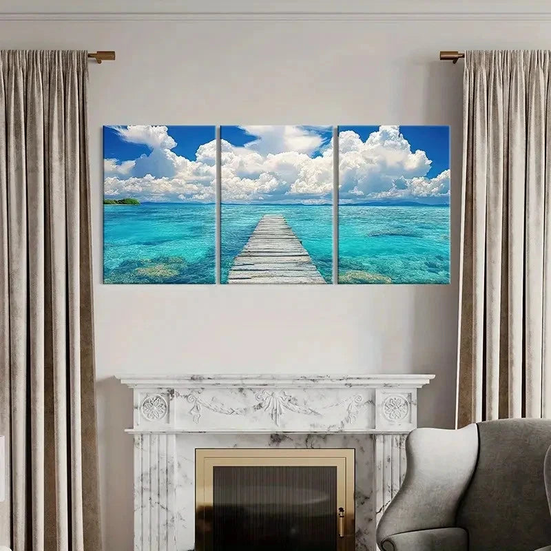 3pcs Australian Palm Beach Sea, White Clouds Wall Art Set Canvas Framed 60x90cm - High Quality Print 100% Australian Made Wall Canvas Ready to Hang - Bella Home Decor