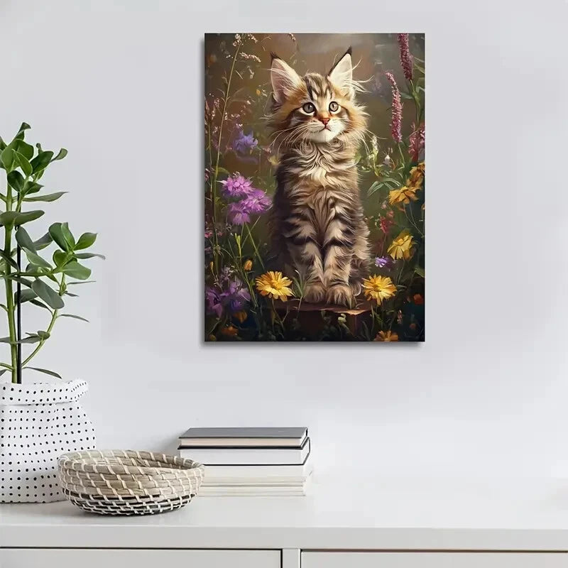 Featuring a Cute Maine Coon Kitten Among Flowers  40x60cm Metal Print Ready to Hang - Bella Home Decor