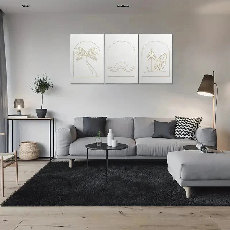 3pcs Golden Lines on White Coastal Palm Tree Metal Print Ready to Hang Art - Bella Home Decor