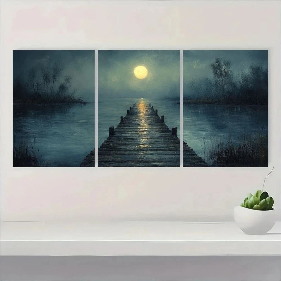 3pcs Moonlit Pier Boardwalk Misty Trees Metal Print Ready to Hang Art - Bella Home Decor