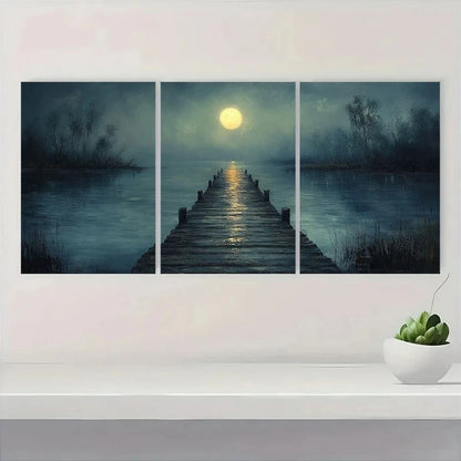 3pcs Moonlit Pier Boardwalk Misty Trees Metal Print Ready to Hang Art - Bella Home Decor