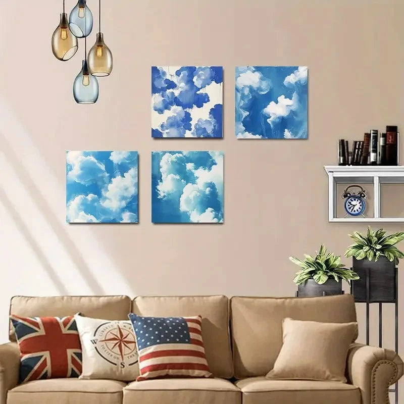 4pcs Blue Sky Clouds Picture Wall Art Canvas Framed