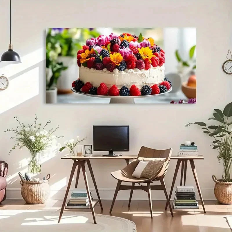 Flowers Berries Cake Dessert Wall Art Canvas Office Home Room Framed 120x60cm - Bella Home Decor