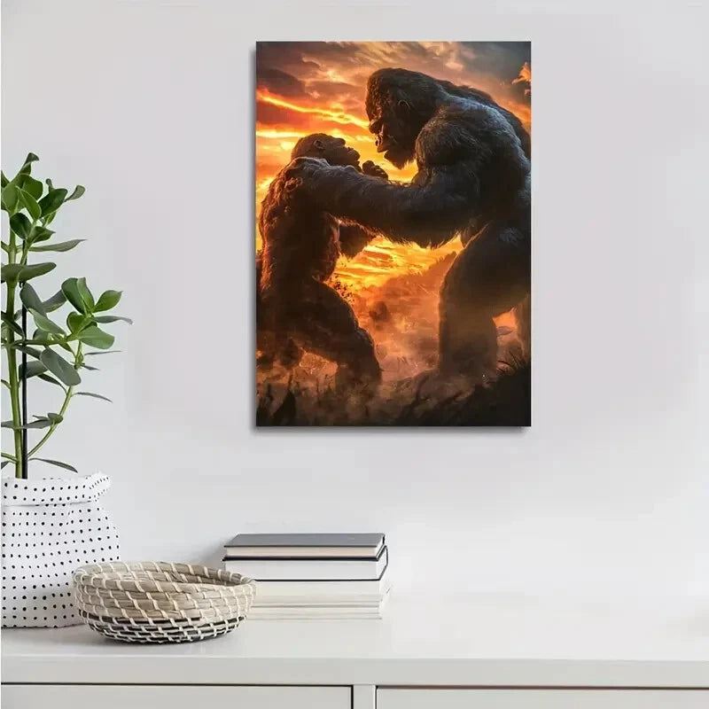 Gorilla Wrestling Scene Under Glowing Painting 40x60cm Metal Print Ready to Hang - Bella Home Decor