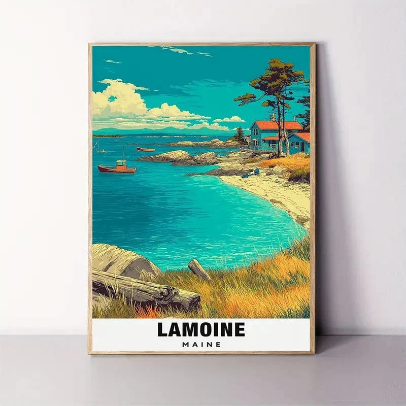 Lamoine Maine Coastal Red Roof House Maine Travel Poster Print Wall Art