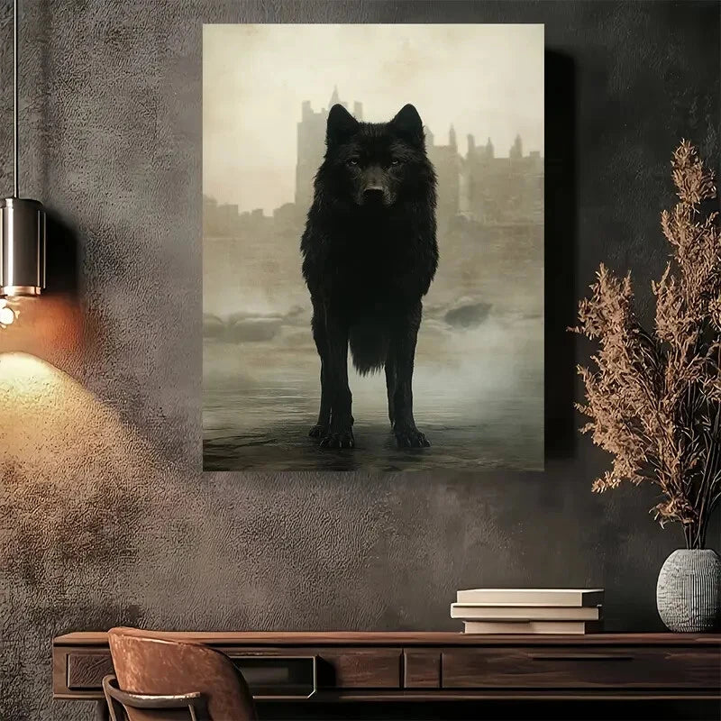 Beautiful Mystic Wolf Cityscape Modern Painting 40x60cm Metal Print Ready to Hang - Bella Home Decor