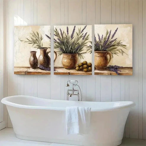 3pcs Lavender And Olive In Rustic Vases Wall Art Set Canvas Unframed - High Quality Print 100% Australian Made Wall Canvas
