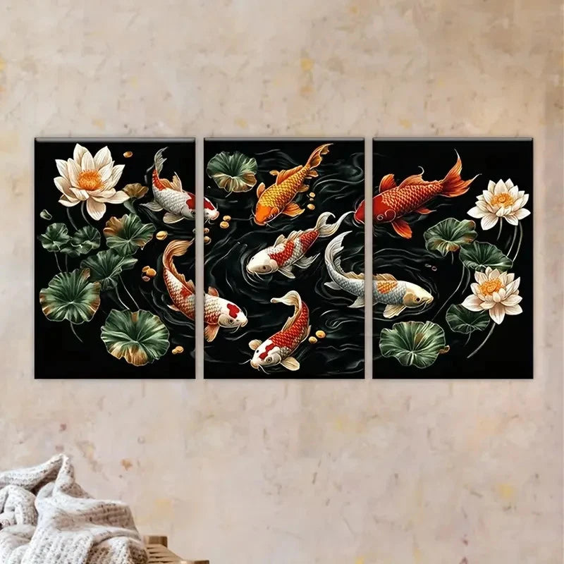 3pcs Vibrant Koi Fish & Lotus Flower Wall Art Set Canvas Framed 40x60cm - High Quality Print 100% Australian Made Wall Canvas Ready to Hang - Bella Home Decor
