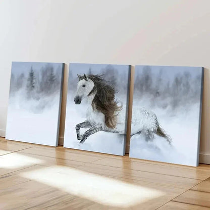 3pcs Running Horse Snowy Landscape Painting Wall Art Set Canvas Framed 40x60cm - High Quality Print 100% Australian Made Wall Canvas Ready to Hang - Bella Home Decor