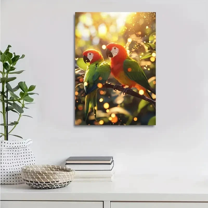 Parrot Playing Together on a Sunny Savannah Painting 40x60cm Metal Print Ready to Hang - Bella Home Decor