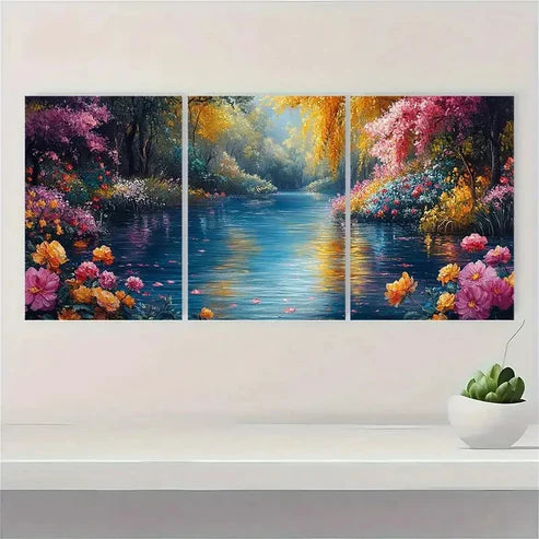 3pcs Floral River Nature Flower Perfect Wall Art Canvas Unframed - High Quality Print 100% Australian Made Wall Canvas - Bella Home Decor