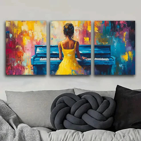 3pcs The Piano Player Colorful Music Themed Girl Art Set Canvas Unframed - High Quality Print 100% Australian Made Wall Canvas