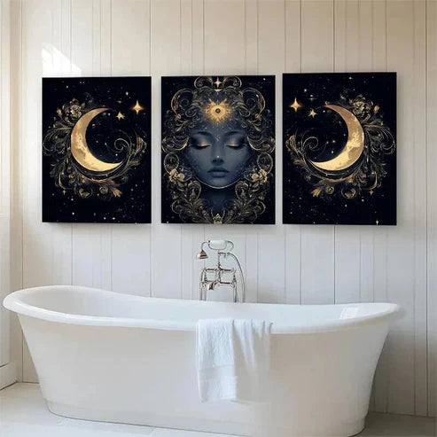 3pcs Mystical Moon Goddess Golden Lunar Wall Art Canvas Unframed - High Quality Print 100% Australian Made Wall Canvas