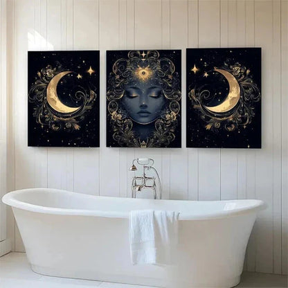 3pcs Mystical Moon Goddess Golden Lunar Wall Art Canvas Unframed - High Quality Print 100% Australian Made Wall Canvas