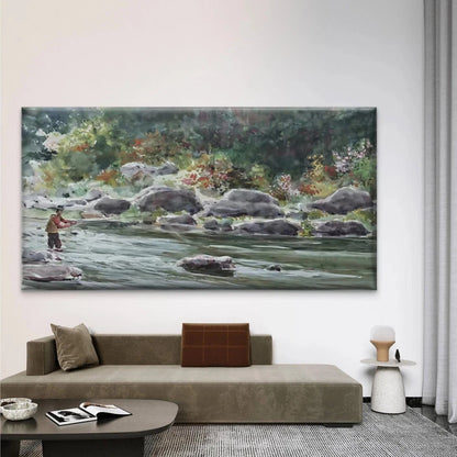 Serene River & Fishing Scene Wall Art Canvas Office Home Room Framed 120x60cm