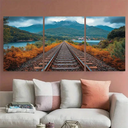 3pcs Train Tracks Through Autumn Lands Perfect Wall Art Set Canvas Framed 60x90cm - High Quality Print 100% Australian Made Wall Canvas Ready to Hang