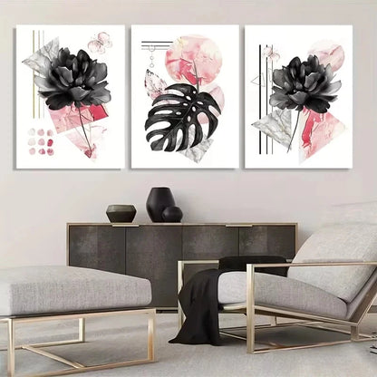 3pcs Pink, Gray, Black Abstract Floral   Wall Art Set Canvas Framed 40x60cm - High Quality Print 100% Australian Made Wall Canvas Ready to Hang