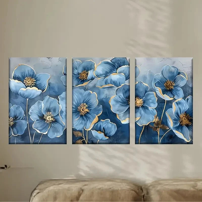 3pcs Flower Paintings with Golden Wall Art Set Canvas Framed 60x90cm - High Quality Print 100% Australian Made Wall Canvas Ready to Hang - Bella Home Decor